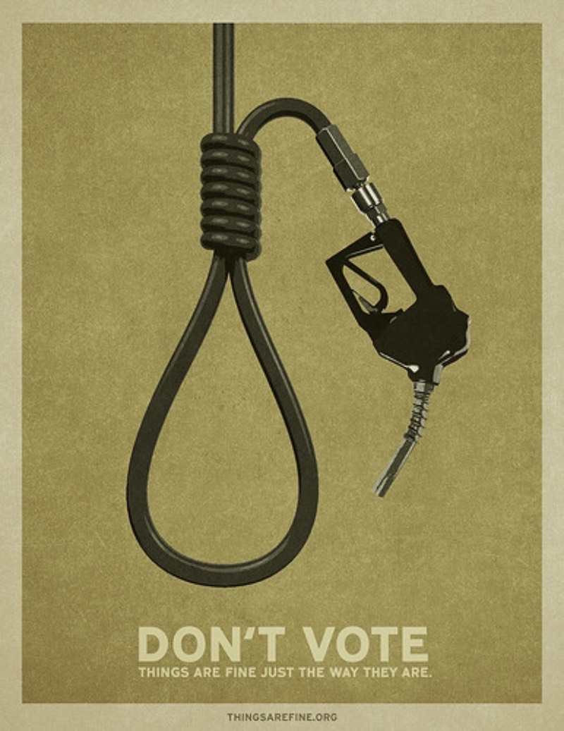 A campanha do site thingsarefine.org é o destaque do dia aqui no blog. Com uma campanha de propaganda com o slogan de Não Vote, gosto de ver como que eles estão utilizando de uma direção de arte simples mas extremamente coesa. Que além de apresentar um impacto bem forte em relação aos temas que está tratando ainda consegue resumir de forma bem simples quais são os alvos de suas críticas nessa campanha.