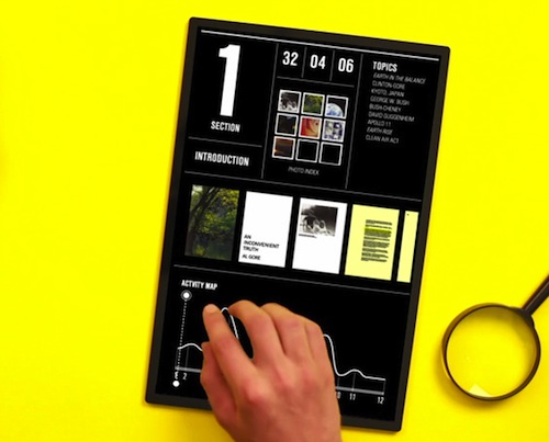 O escritório de design IDEO desenvolveu essa série de conceitos para e-readers com três formas diferentes de interação com a interface. 