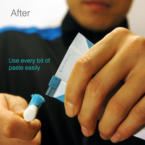 Save Paste foi criado com três objetivos em mente: eliminar aquela dificuldade de colocar paste de dente quando ela está ficando no final, minimizar os resíduos que acumulam no final da embalagem e reduzir o pacote para apenas uma embalagem. Dessa forma, podemos reduzir o desperdício de produtos e de materiais e, ao mesmo tempo, induzir uma taxa de reciclagem ainda maior. Afinal, uma embalagem que leva em conta a experiência do usuário só tem a ganhar.
