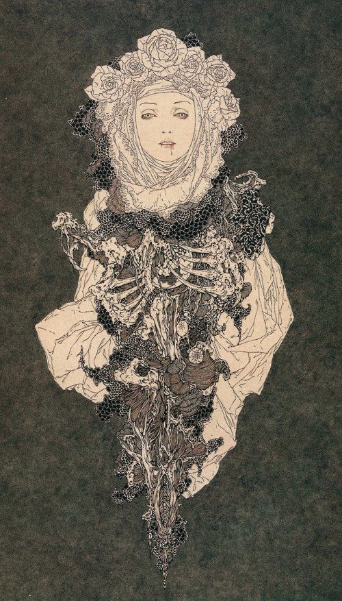 Takato Yamamoto é quase desconhecido fora do Japão. Mas o brilho do seu trabalho não deve ser limitado pela sua popularidade. Seus temas de erotismo, ocultismo, bondage são traduzidos em linhas muito finas e precisas que geram um surrealismo ainda maior. Seus rostos padecem de uma ausência de emoção que ajuda a passar um visual ainda mais grotesco. Sou fã desse cara.