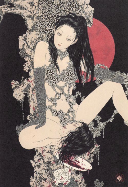 Takato Yamamoto é quase desconhecido fora do Japão. Mas o brilho do seu trabalho não deve ser limitado pela sua popularidade. Seus temas de erotismo, ocultismo, bondage são traduzidos em linhas muito finas e precisas que geram um surrealismo ainda maior. Seus rostos padecem de uma ausência de emoção que ajuda a passar um visual ainda mais grotesco. Sou fã desse cara.