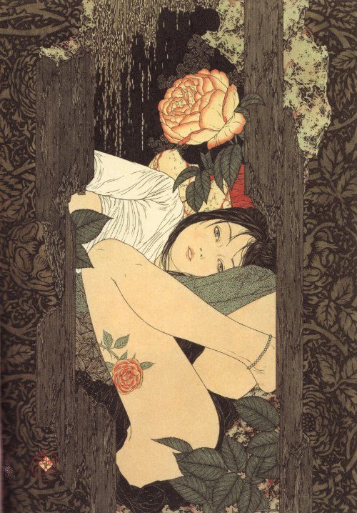 Takato Yamamoto é quase desconhecido fora do Japão. Mas o brilho do seu trabalho não deve ser limitado pela sua popularidade. Seus temas de erotismo, ocultismo, bondage são traduzidos em linhas muito finas e precisas que geram um surrealismo ainda maior. Seus rostos padecem de uma ausência de emoção que ajuda a passar um visual ainda mais grotesco. Sou fã desse cara.