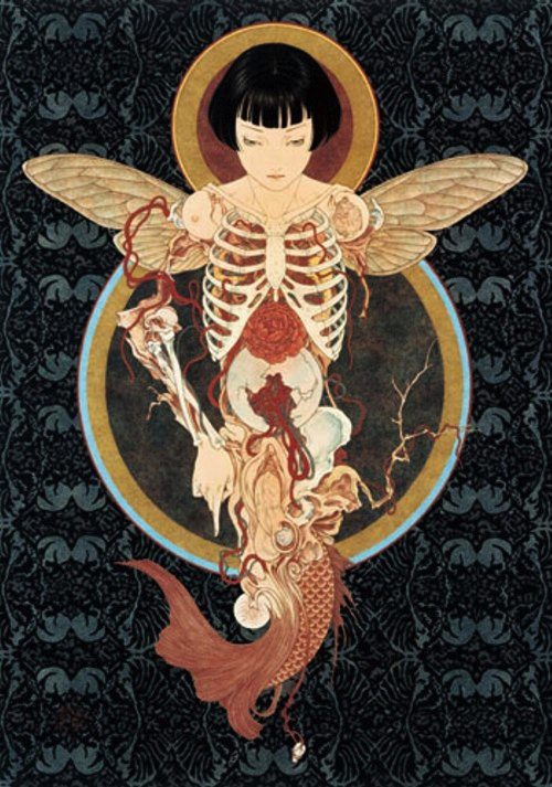 Takato Yamamoto é quase desconhecido fora do Japão. Mas o brilho do seu trabalho não deve ser limitado pela sua popularidade. Seus temas de erotismo, ocultismo, bondage são traduzidos em linhas muito finas e precisas que geram um surrealismo ainda maior. Seus rostos padecem de uma ausência de emoção que ajuda a passar um visual ainda mais grotesco. Sou fã desse cara.