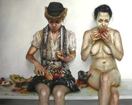 Monica Cook é uma artista que pinta com intensidade. Suas pinturas costumavam ser de, exclusivamente, figuras femininas solitárias mas, como você pode ver aqui, isso mudou um pouco. Nos últimos anos, seu estilo e sua estética evoluiu para uma exploração visual mais complexa. Com personagens diferentes e cenários que, algumas vezes, até parecem cheios de informação demais. 
