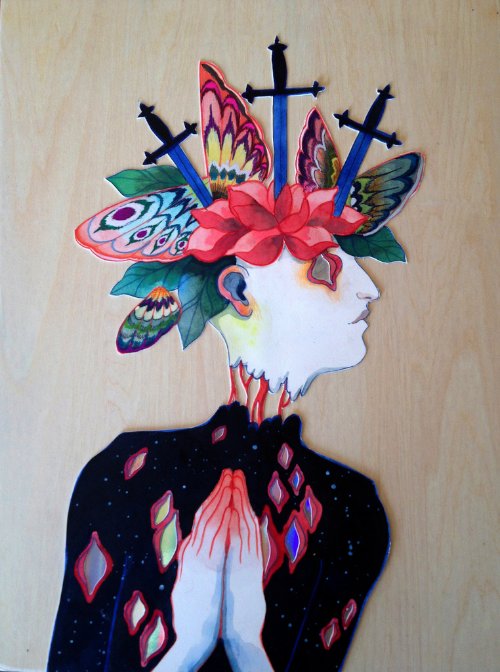 Morgaine Faye nasceu em 1987 e cresceu em Santa Cruz, na Califórnia. Hoje em dia, ela trabalha misturando ilustração, pintura e metais para criar as obras que você vai ver abaixo.  Mas ela não para por ai. Morgaine Faye tem experiência em criação de story boards, design de sets e concept art. Além de puppets para animação stop motion. 