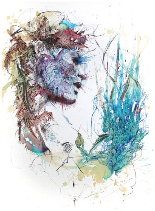 Carne Griffiths trabalha com tintas de caligrafias, grafite e alguns líquidos que você não espera ver em pinturas como vodka, chá e café. É assim que ele distorce nossa visão criando manipulações de imagens desenhadas a mão. Imagens essas que exploram a forma humana e a geometria de um jeito que combina o literal e o abstrato. 