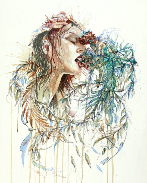 Carne Griffiths trabalha com tintas de caligrafias, grafite e alguns líquidos que você não espera ver em pinturas como vodka, chá e café. É assim que ele distorce nossa visão criando manipulações de imagens desenhadas a mão. Imagens essas que exploram a forma humana e a geometria de um jeito que combina o literal e o abstrato. 