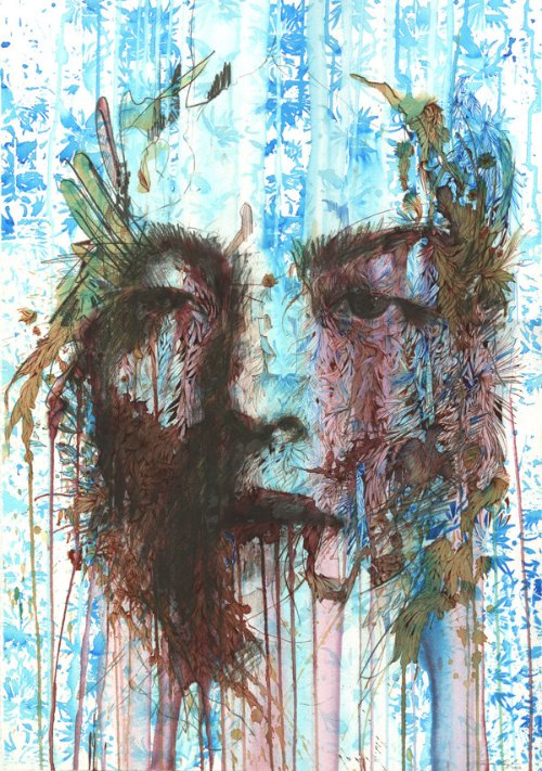 Carne Griffiths trabalha com tintas de caligrafias, grafite e alguns líquidos que você não espera ver em pinturas como vodka, chá e café. É assim que ele distorce nossa visão criando manipulações de imagens desenhadas a mão. Imagens essas que exploram a forma humana e a geometria de um jeito que combina o literal e o abstrato. 