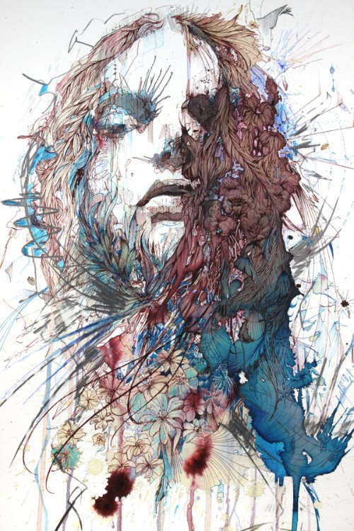Carne Griffiths trabalha com tintas de caligrafias, grafite e alguns líquidos que você não espera ver em pinturas como vodka, chá e café. É assim que ele distorce nossa visão criando manipulações de imagens desenhadas a mão. Imagens essas que exploram a forma humana e a geometria de um jeito que combina o literal e o abstrato. 