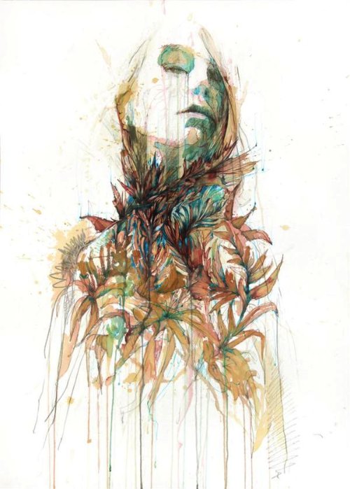 Carne Griffiths trabalha com tintas de caligrafias, grafite e alguns líquidos que você não espera ver em pinturas como vodka, chá e café. É assim que ele distorce nossa visão criando manipulações de imagens desenhadas a mão. Imagens essas que exploram a forma humana e a geometria de um jeito que combina o literal e o abstrato. 