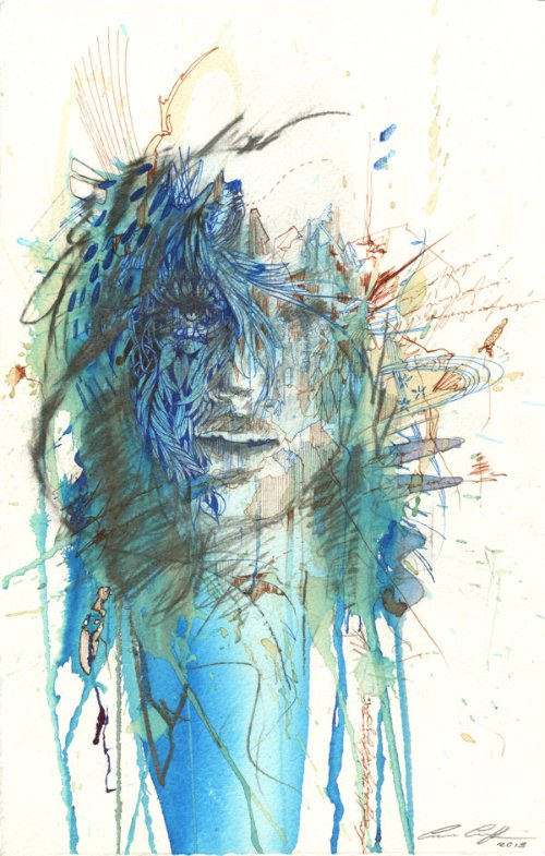 Carne Griffiths trabalha com tintas de caligrafias, grafite e alguns líquidos que você não espera ver em pinturas como vodka, chá e café. É assim que ele distorce nossa visão criando manipulações de imagens desenhadas a mão. Imagens essas que exploram a forma humana e a geometria de um jeito que combina o literal e o abstrato. 
