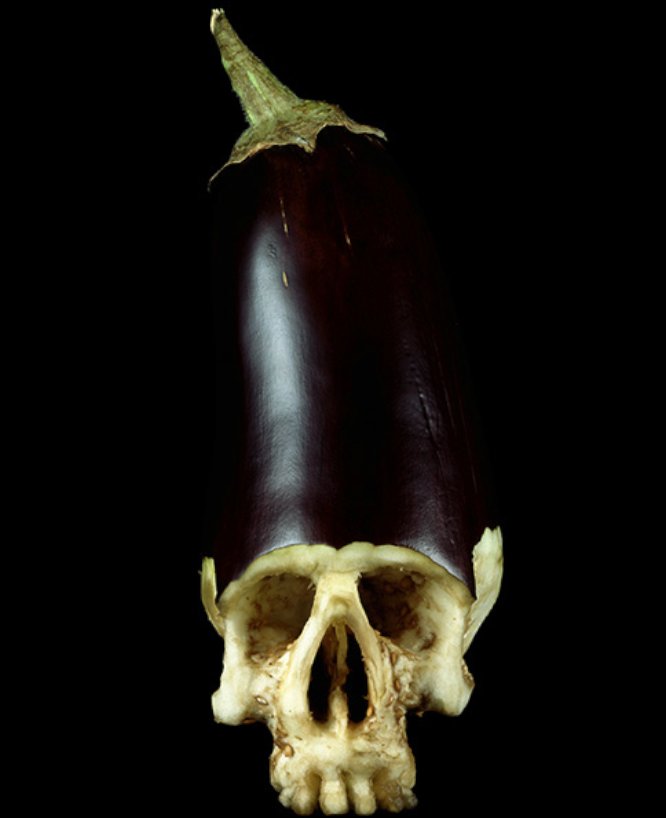 Dimitri Tsykalov produz arte de um jeito um pouco estranho. Sua arte surge através do uso de alguns objetos bem interessantes que seriam descritos por muita gente como comida. Algumas delas são feitas com frutas, outras com pedaços de carne. Algumas delas tem um visual interessante e outras parecem bem desagradáveis. Gosto muito da sua série de caveiras vegans.