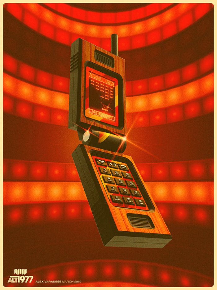 Alex Varanese viajou no tempo direto para 1977, essa é a ideia das imagens desse post. Aqui, ele resolveu explorar o absurdo conceito de que viajantes do tempo voltaram para 1977 e lançaram por lá a tecnologia que tinhamos em 2010. 