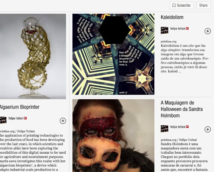 Já tem algum tempo que uso o Flipboard como forma de descobrir conteúdos, notícias e links de coisas interessantes que eu devo ter perdido por ai em todos esses canais da mídia social. O Flipboard consegue agregar meus canais do twitter, facebook, feedly e sei lá mais o que para entregar para mim um pouco mais daquilo que me interessa. Não sei como eles fazem isso mas sei que, quanto mais eu uso, mais quero usar mais.