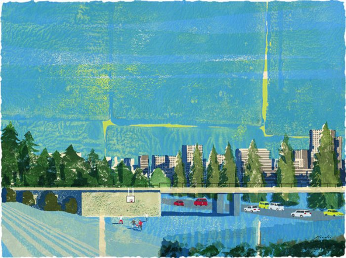 Tatsuro Kiuchi é o responsável pelas ilustrações desse post. Todas elas foram produzidas para a revista Book Travelers e tem um visual meio gasto, meio pastel, que me deixou com uma enorme vontade de viajar. Acredito que foi proposital...