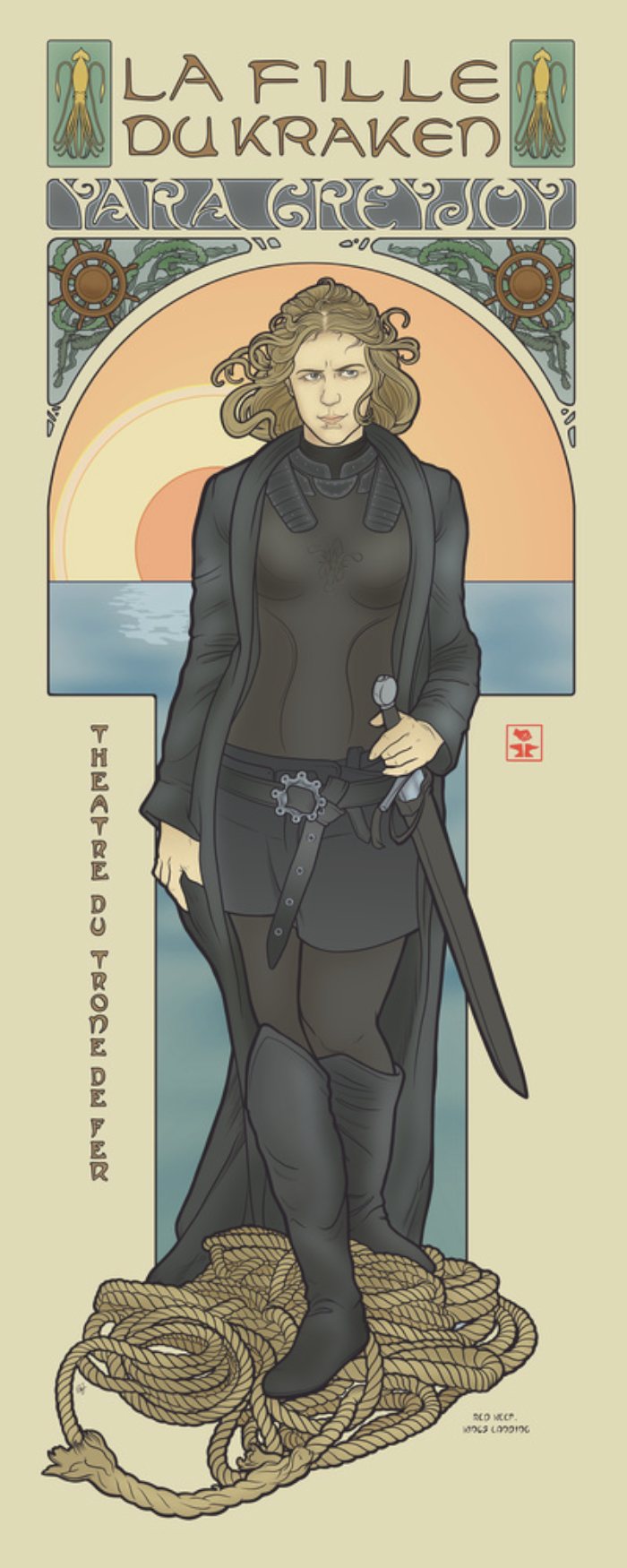 Elin Jonsson é o nome da ilustradora que teve a ótima ideia de misturar o estilo art nouveau super decorado do Alphonse Mucha com as personagens principais de Game of Thrones, a melhor série de tv da atualidade. E, ela fez isso de um jeito bem interessante e usando todas as possibilidades do art nouveau. Tenho certeza de que teria um poster desse na minha sala só para me lembrar de que a quarta temporada está chegando ao fim.