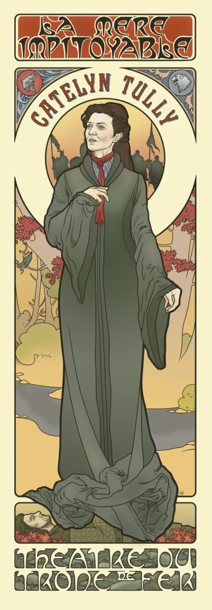 Elin Jonsson é o nome da ilustradora que teve a ótima ideia de misturar o estilo art nouveau super decorado do Alphonse Mucha com as personagens principais de Game of Thrones, a melhor série de tv da atualidade. E, ela fez isso de um jeito bem interessante e usando todas as possibilidades do art nouveau. Tenho certeza de que teria um poster desse na minha sala só para me lembrar de que a quarta temporada está chegando ao fim.