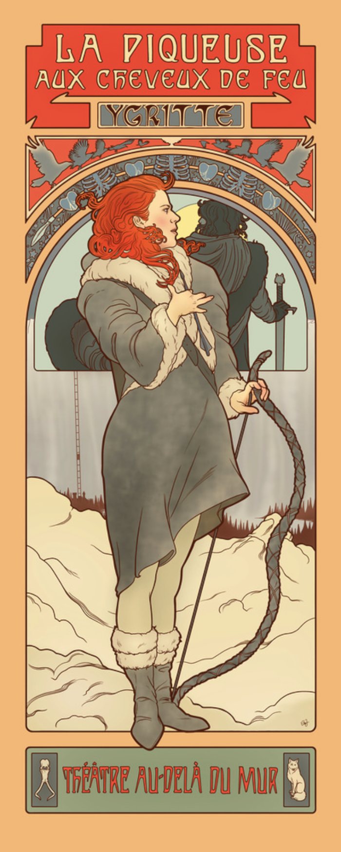 Elin Jonsson é o nome da ilustradora que teve a ótima ideia de misturar o estilo art nouveau super decorado do Alphonse Mucha com as personagens principais de Game of Thrones, a melhor série de tv da atualidade. E, ela fez isso de um jeito bem interessante e usando todas as possibilidades do art nouveau. Tenho certeza de que teria um poster desse na minha sala só para me lembrar de que a quarta temporada está chegando ao fim.