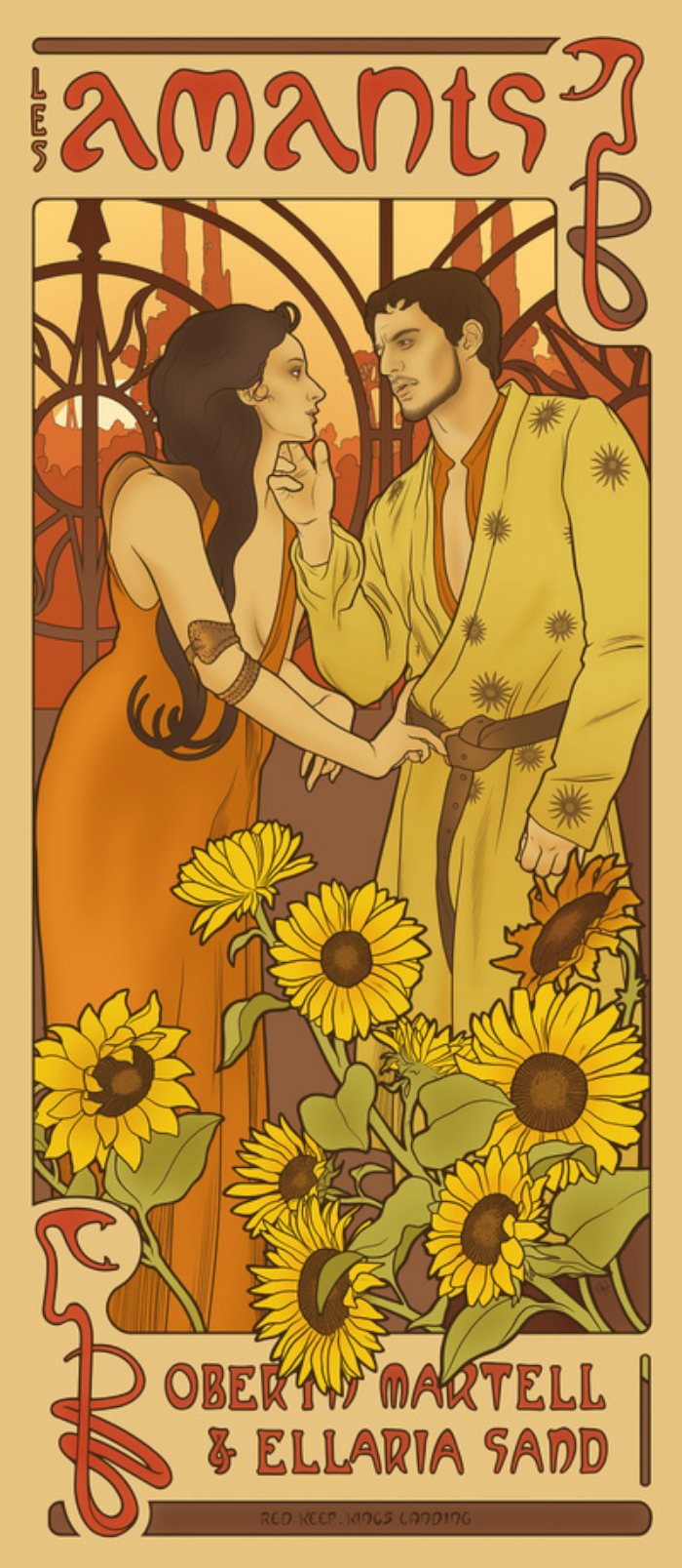 Elin Jonsson é o nome da ilustradora que teve a ótima ideia de misturar o estilo art nouveau super decorado do Alphonse Mucha com as personagens principais de Game of Thrones, a melhor série de tv da atualidade. E, ela fez isso de um jeito bem interessante e usando todas as possibilidades do art nouveau. Tenho certeza de que teria um poster desse na minha sala só para me lembrar de que a quarta temporada está chegando ao fim.