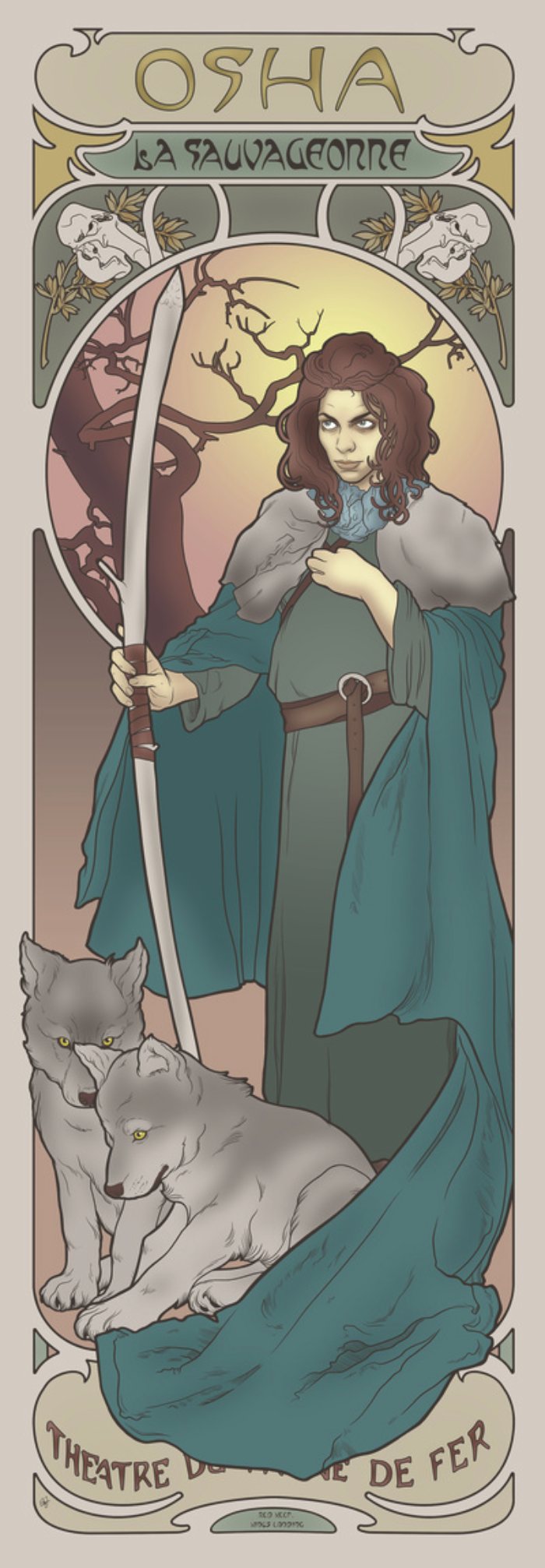 Elin Jonsson é o nome da ilustradora que teve a ótima ideia de misturar o estilo art nouveau super decorado do Alphonse Mucha com as personagens principais de Game of Thrones, a melhor série de tv da atualidade. E, ela fez isso de um jeito bem interessante e usando todas as possibilidades do art nouveau. Tenho certeza de que teria um poster desse na minha sala só para me lembrar de que a quarta temporada está chegando ao fim.