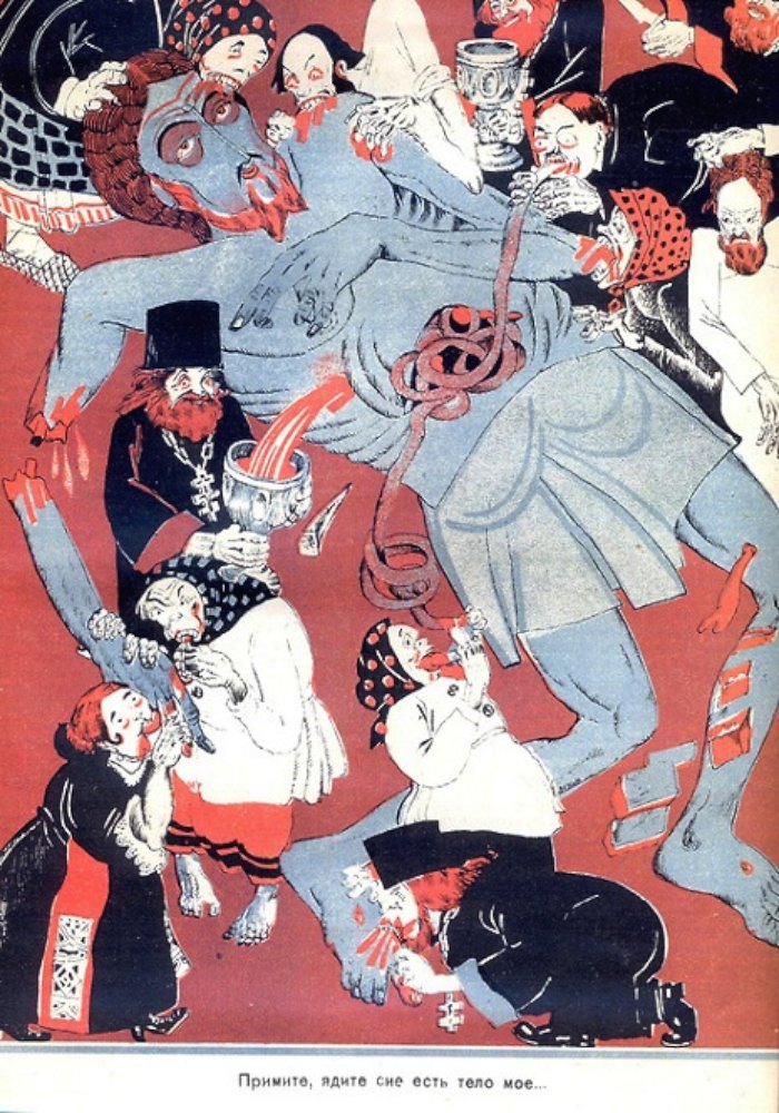 As imagens desse post foram retiradas da revista soviética Bezbozhnik, que poderia ter seu nome traduzido como Ateísta ou Sem Deus. A revista existiu de 1922 a 1941 e teve uma edição diária chamada Bezbozhnik u Stanka entre 1923 e 1931.