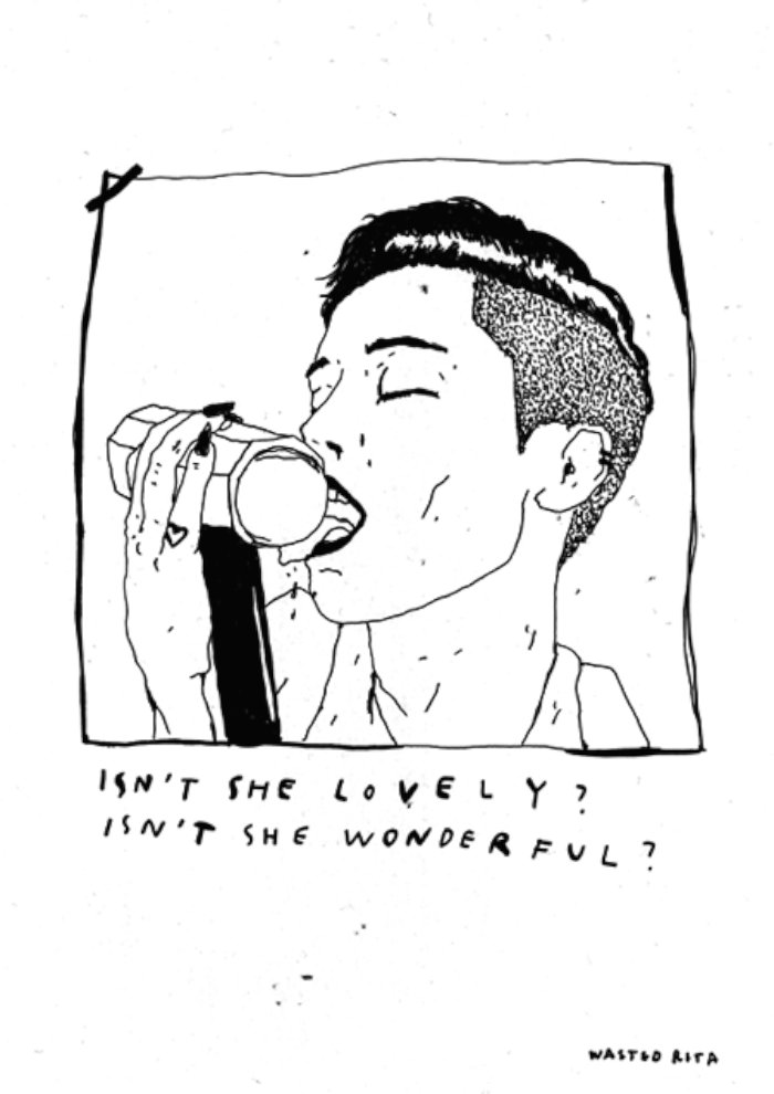 Sou um grande fã do trabalho de ilustração e indiretas da Wasted Rita e não entendi por que não publico mais dos seus trabalhos por aqui. Mas, isso pode ser resolvido e, já está sendo resolvido, através desse post. Afinal, seu trabalho é simples mas com um impacto fora do comum. Ela faz criítcas a sociedade e a ela mesmo de um jeito sincero, algo que não é muito comum de ser visto por ai sem carregar de uma ironia.