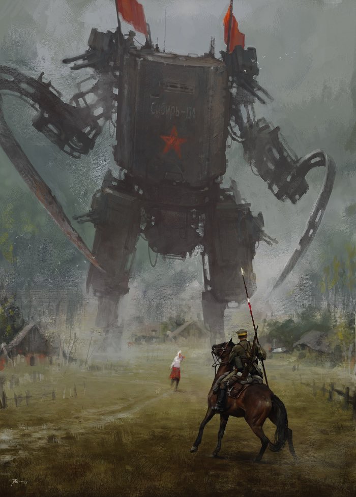 Jakub Rozalski é um artista que ilustra cenários retro futuristas onde robôs gigantes vivem entre seres humanos. Tudo se passa em algum lugar perto dos anos de 1920 e o constraste tecnológico com o visual agrário é bem interessante.