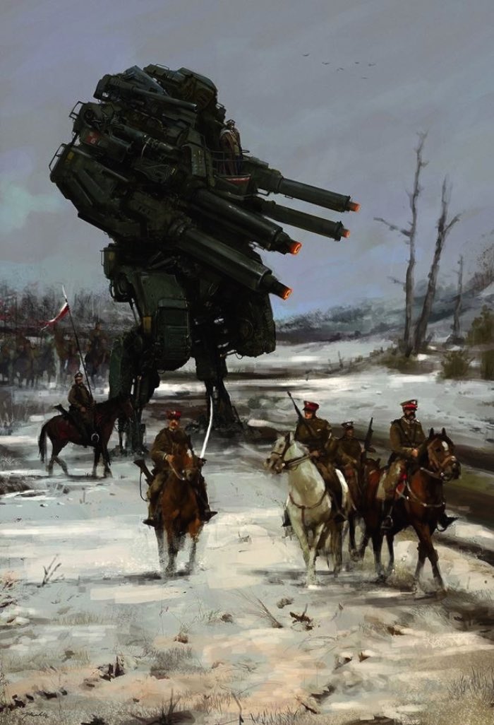 Jakub Rozalski é um artista que ilustra cenários retro futuristas onde robôs gigantes vivem entre seres humanos. Tudo se passa em algum lugar perto dos anos de 1920 e o constraste tecnológico com o visual agrário é bem interessante.