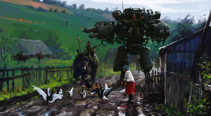 Jakub Rozalski é um artista que ilustra cenários retro futuristas onde robôs gigantes vivem entre seres humanos. Tudo se passa em algum lugar perto dos anos de 1920 e o constraste tecnológico com o visual agrário é bem interessante.