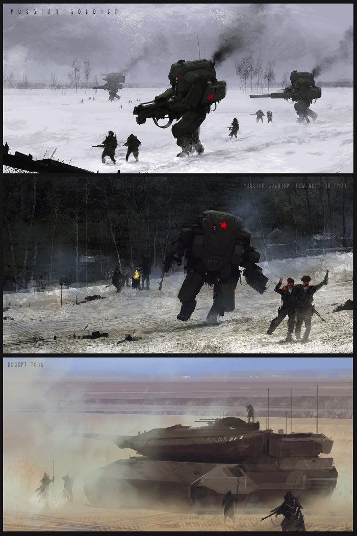 Jakub Rozalski é um artista que ilustra cenários retro futuristas onde robôs gigantes vivem entre seres humanos. Tudo se passa em algum lugar perto dos anos de 1920 e o constraste tecnológico com o visual agrário é bem interessante.