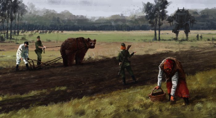 Jakub Rozalski é um artista que ilustra cenários retro futuristas onde robôs gigantes vivem entre seres humanos. Tudo se passa em algum lugar perto dos anos de 1920 e o constraste tecnológico com o visual agrário é bem interessante.