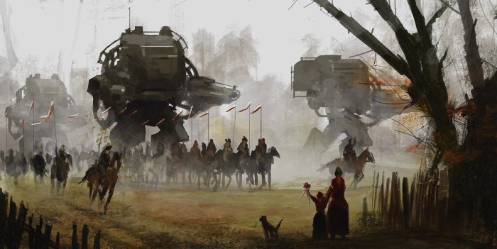 Jakub Rozalski é um artista que ilustra cenários retro futuristas onde robôs gigantes vivem entre seres humanos. Tudo se passa em algum lugar perto dos anos de 1920 e o constraste tecnológico com o visual agrário é bem interessante.