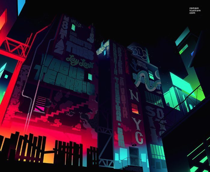 O que mais gosto nas ilustrações do Romain Trystram é essa forma com a qual ele trabalha com contraste usando cores quase neon. Além disso, a forma com a qual ele trabalha com luzes e iluminação em vetor. Algo que, todos sabemos, não é um procedimento muito simples de fazer no Illustrator.