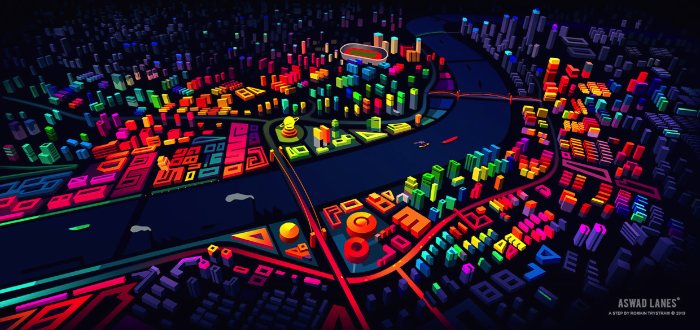 O que mais gosto nas ilustrações do Romain Trystram é essa forma com a qual ele trabalha com contraste usando cores quase neon. Além disso, a forma com a qual ele trabalha com luzes e iluminação em vetor. Algo que, todos sabemos, não é um procedimento muito simples de fazer no Illustrator.