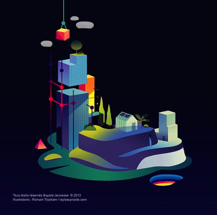 O que mais gosto nas ilustrações do Romain Trystram é essa forma com a qual ele trabalha com contraste usando cores quase neon. Além disso, a forma com a qual ele trabalha com luzes e iluminação em vetor. Algo que, todos sabemos, não é um procedimento muito simples de fazer no Illustrator.