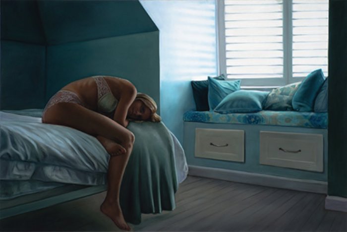 Anwen Keeling é uma artista australiana cuja série The Blue Room chamou minha atenção. Nessa série de pinturas a óleo, ela estuda o corpo feminino através do luzes e sombras que vem das janelas.