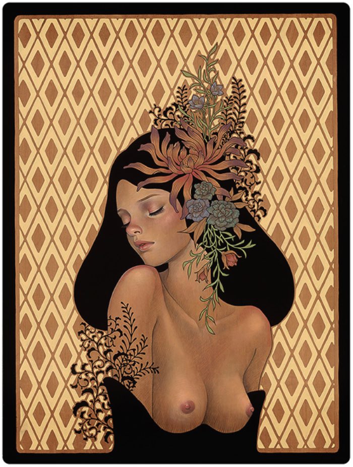 Um dos pontos que mais gosto no trabalho da Audrey Kawasaki acaba sendo meio contraditório. Digo isso já que enxergo nas suas pinturas um lado erótico e, ao mesmo tempo, inocente. Cada pintura parece ter sido feita para ser atraente de um jeito quase perturbador.