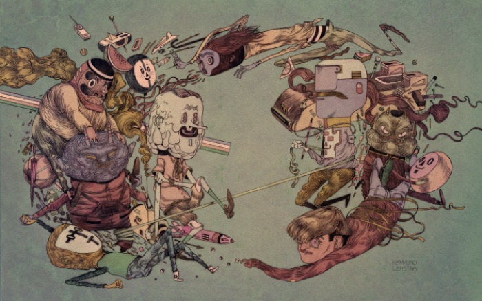 Raymond Lemstra gosta de usar referências de uma natureza primitiva em seus desenhos, esculturas e ilustrações. Desse jeito, ele encontra distorções na percepção do nós somos e reduz o corpo àquilo que é mais importante.