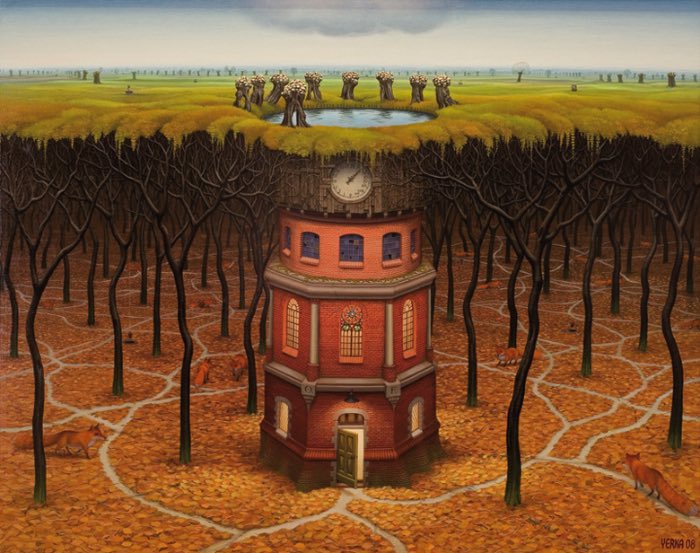 O artista polonês Jacek Yerka cria imagens totalmente lisérgicas. Suas ilustrações vão de monstros que escondem sua real função passando por pinturas multi facetadas que pegam todas as laterais de um quadro.