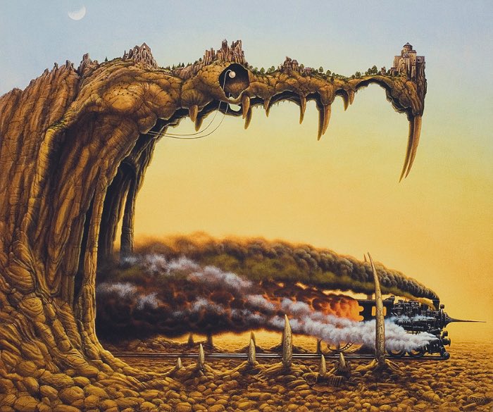 O artista polonês Jacek Yerka cria imagens totalmente lisérgicas. Suas ilustrações vão de monstros que escondem sua real função passando por pinturas multi facetadas que pegam todas as laterais de um quadro.