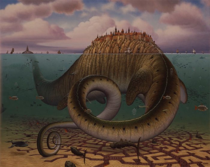 O artista polonês Jacek Yerka cria imagens totalmente lisérgicas. Suas ilustrações vão de monstros que escondem sua real função passando por pinturas multi facetadas que pegam todas as laterais de um quadro.