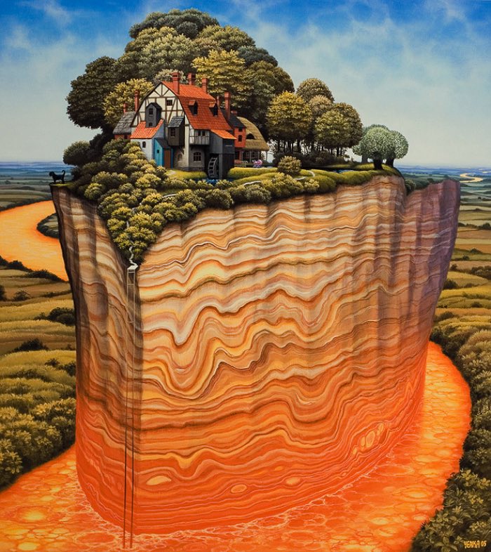 O artista polonês Jacek Yerka cria imagens totalmente lisérgicas. Suas ilustrações vão de monstros que escondem sua real função passando por pinturas multi facetadas que pegam todas as laterais de um quadro.