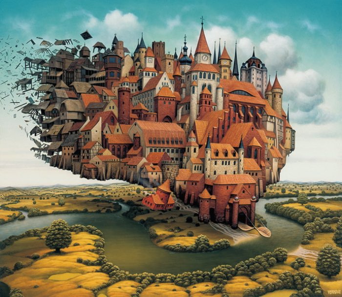 O artista polonês Jacek Yerka cria imagens totalmente lisérgicas. Suas ilustrações vão de monstros que escondem sua real função passando por pinturas multi facetadas que pegam todas as laterais de um quadro.