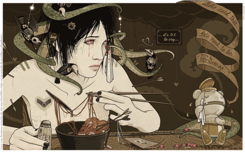 Suas obras tem uma narração ilustrativa que, várias vezes, parecem muito com um conto clássico. E, como muitos dos contos clássicos, a história não vai ter um final feliz. Quando você olha para as ilustrações de Chiara Bautista você está observando a conversa visual entre ela e sua musa Ilka. Essa musa é inatingível e intocável e por isso mesmo é estranho saber que Ilka responde as mensagens que ela manda. E esse relacionamento é completamente diferente do que existia nos séculos passados. O relacionamento musa e artista de hoje vive na internet e só existe digitalmente.