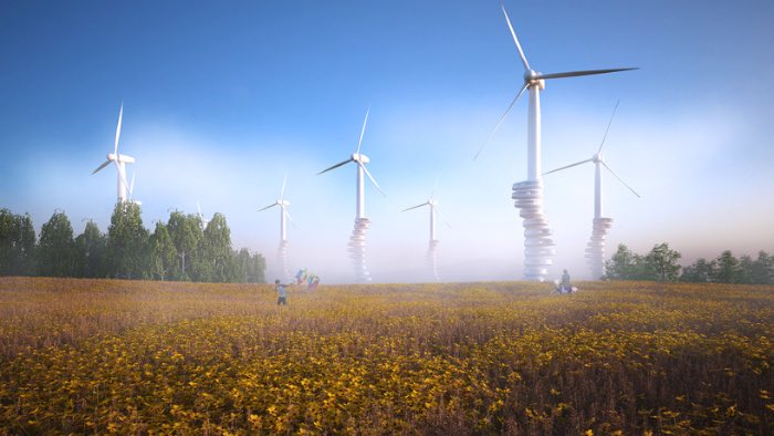 Wind Pecker é um projeto arquitetônico do design alemão Goetz Schrader. Nesse projeto ele tenta visualizar como seria possível usar das inúmeras fazendas de energia eólica que temos na Alemanha como prédios residenciais.