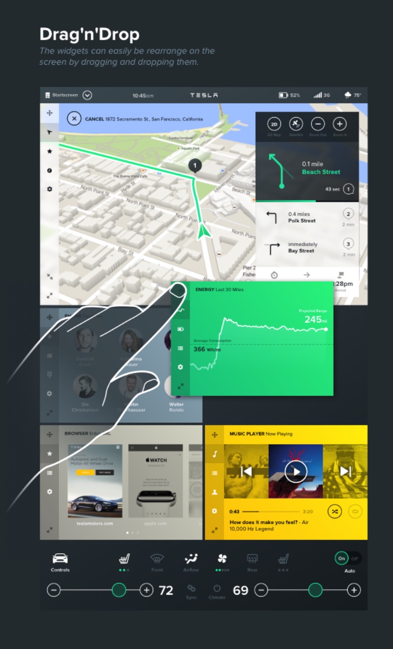 Inspirados pela tela de 17 polegadas que vem em todos os Modelos S da Tesla, o estúdio de design interativo Bureau Oberhaeuser resolveu arriscar como seria o design das novas gerações de interfaces para automóveis. A ideia era usar a atual interface e trabalhar um pouco mais no grid e em como o sistema poderia funcionar.