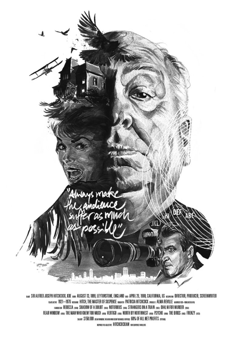 O ilustrador Julian Rentzsch criou uma série posters para famosos diretores de cinema, como Alfred Hitchcock, Martin Scorsese e David Lynch.