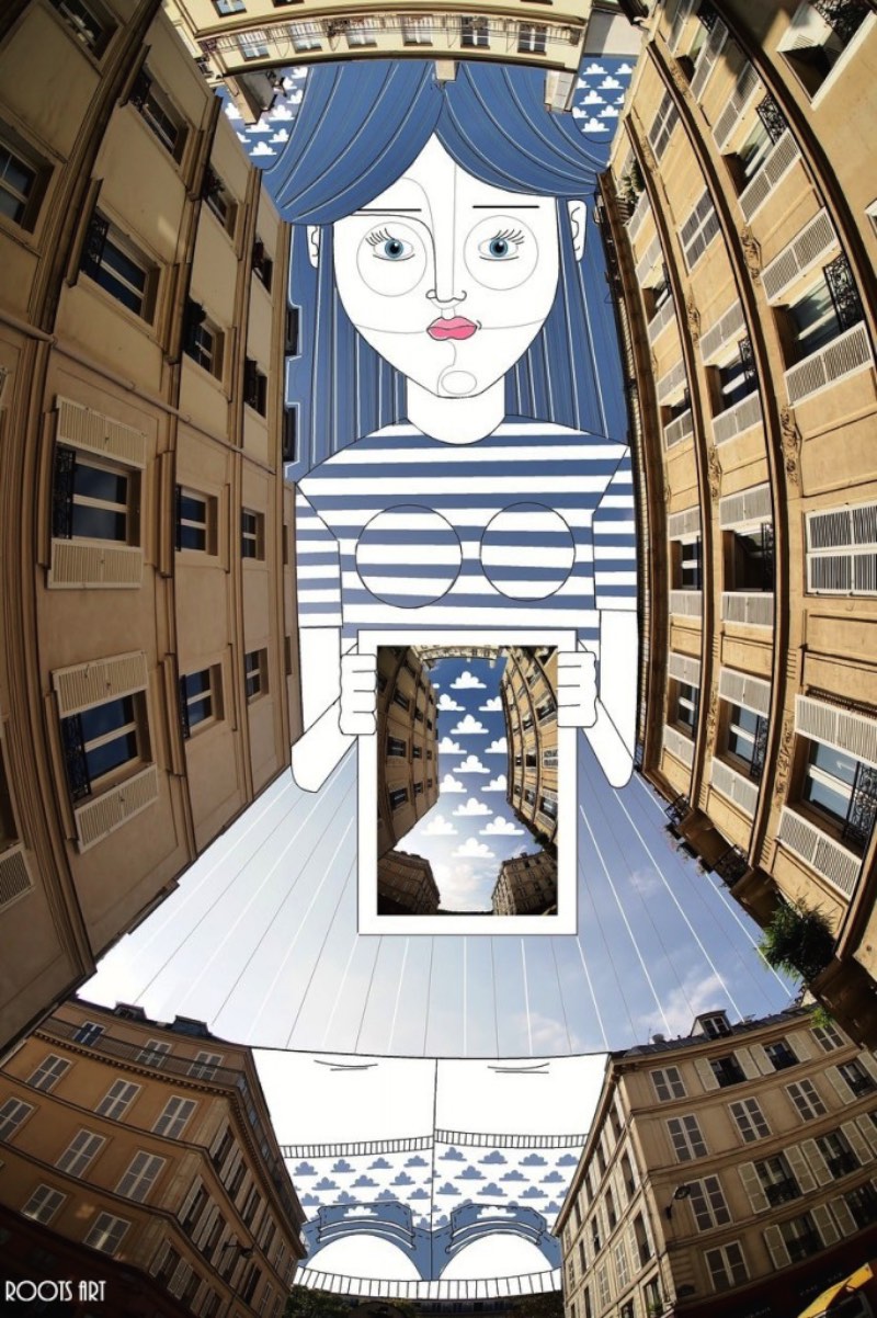 Thomas Lamadieu é um ilustrador francês que criou uma forma bem interessante de misturar fotografias e seus desenhos. Ele faz isso pintando céus. É sério.