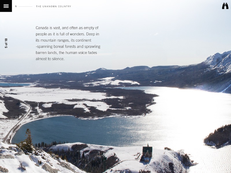Marshall Lorenzo é o nome do designer responsável pelo Wild Canada, um app para iOS que serve para complementar uma série de documentários da CBC chamado Wild Canada. Esse documentário, narrado por David Suzuki, faz parte da área de ciências da CBC e explora a história natural do Canadá. O programa foca na vida selvagem, no clima e o impacto desse fator nas áreas mais remotas do país. Além disso, o app ainda ilustra o tema com fantásticas fotografias de paisagens espetaculares. Você precisa baixar o Wild Canada da CBC.