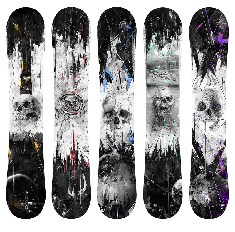 Alexis Marcou é um artista e ilustrador americano que, desde 2007, trabalha como freelancer para inúmeros clientes. Um desses clientes é a marca canadense de snowboard Endeavor Snowboards que comissionou uma série de elementos gráficos com a temática morte no espaço.